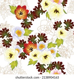 Abstract seamless pattern with plants, herbs and flowers, botanical illustration.