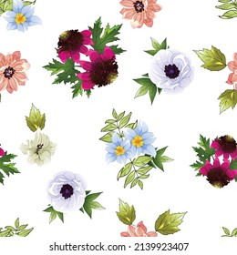 Abstract seamless pattern with plants, herbs and flowers, botanical illustration.
