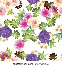 Abstract seamless pattern with plants, herbs and flowers, botanical illustration.
