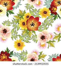 Abstract seamless pattern with plants, herbs and flowers, botanical illustration.