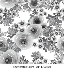 Abstraktes nahtloses Muster mit Pflanzen, Kräutern und Blumen, botanische Illustration.