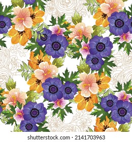 Abstract seamless pattern with plants, herbs and flowers, botanical illustration.