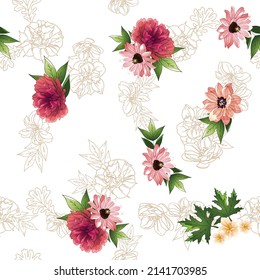 Abstract seamless pattern with plants, herbs and flowers, botanical illustration.