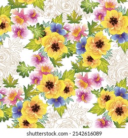 Abstract seamless pattern with plants, herbs and flowers, botanical illustration.