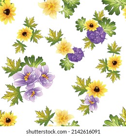 Abstract seamless pattern with plants, herbs and flowers, botanical illustration.