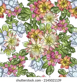 Resumen de patrón sin fisuras con plantas, hierbas y flores, ilustración botánica.