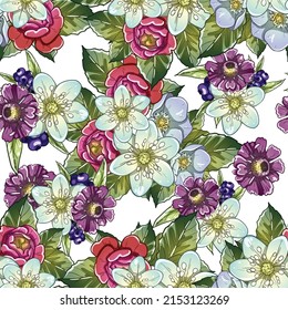 Abstract seamless pattern with plants, herbs and flowers, botanical illustration.