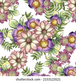 Abstract seamless pattern with plants, herbs and flowers, botanical illustration.