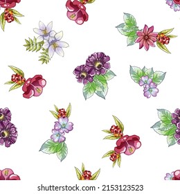 Abstract seamless pattern with plants, herbs and flowers, botanical illustration.