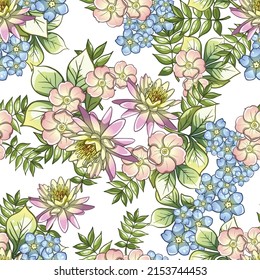 Abstract seamless pattern with plants, herbs and flowers, botanical illustration.