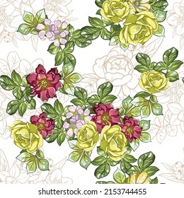 Abstract seamless pattern with plants, herbs and flowers, botanical illustration.