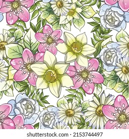Abstract seamless pattern with plants, herbs and flowers, botanical illustration.