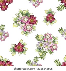 Abstract seamless pattern with plants, herbs and flowers, botanical illustration.