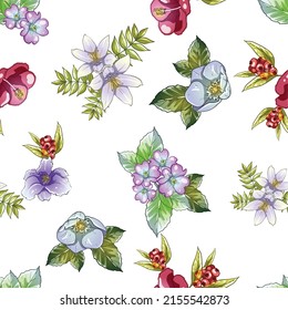 Abstract seamless pattern with plants, herbs and flowers, botanical illustration.