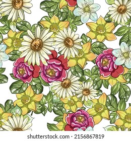 Abstract seamless pattern with plants, herbs and flowers, botanical illustration.