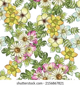 Abstract seamless pattern with plants, herbs and flowers, botanical illustration.