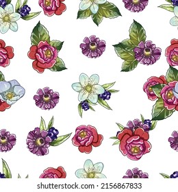 Abstraktes nahtloses Muster mit Pflanzen, Kräutern und Blumen, botanische Illustration.