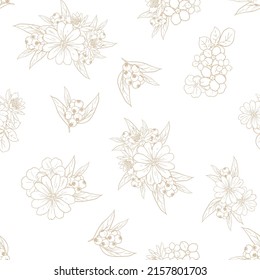 Abstract seamless pattern with plants, herbs and flowers, botanical illustration.