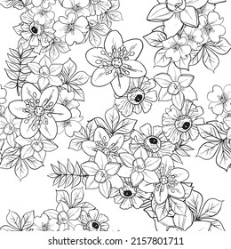 Resumen de patrón sin fisuras con plantas, hierbas y flores, ilustración botánica.