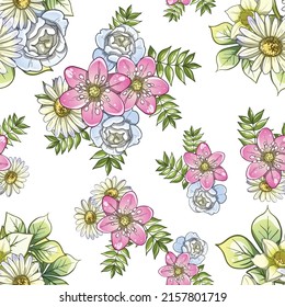 Abstraktes nahtloses Muster mit Pflanzen, Kräutern und Blumen, botanische Illustration.