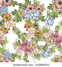 Abstraktes nahtloses Muster mit Pflanzen, Kräutern und Blumen, botanische Illustration.