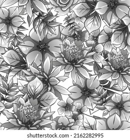 Abstract seamless pattern with plants, herbs and flowers, botanical illustration.