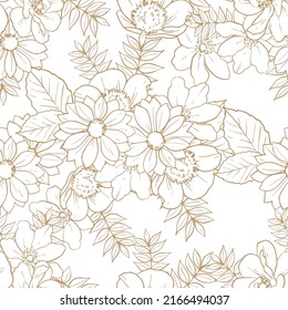 Abstract seamless pattern with plants, herbs and flowers, botanical illustration.