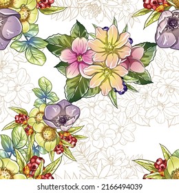 Abstract seamless pattern with plants, herbs and flowers, botanical illustration.