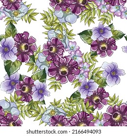 Abstract seamless pattern with plants, herbs and flowers, botanical illustration.