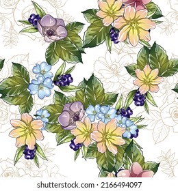 Abstract seamless pattern with plants, herbs and flowers, botanical illustration.