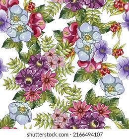 Resumen de patrón sin fisuras con plantas, hierbas y flores, ilustración botánica.