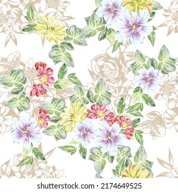 Abstract seamless pattern with plants, herbs and flowers, botanical illustration.