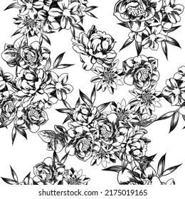 Abstract seamless pattern with plants, herbs and flowers, botanical illustration.