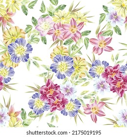 Abstract seamless pattern with plants, herbs and flowers, botanical illustration.