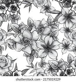 Abstract seamless pattern with plants, herbs and flowers, botanical illustration.