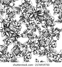 Abstract seamless pattern with plants, herbs and flowers, botanical illustration.