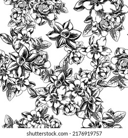 Abstract seamless pattern with plants, herbs and flowers, botanical illustration.