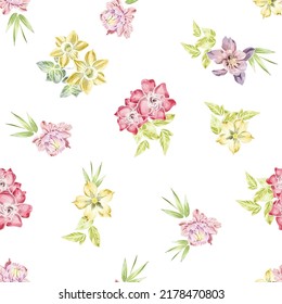 Abstract seamless pattern with plants, herbs and flowers, botanical illustration.