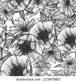 Resumen de patrón sin fisuras con plantas, hierbas y flores, ilustración botánica.