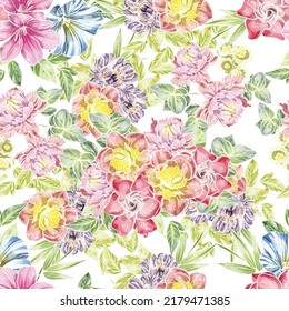 Abstract seamless pattern with plants, herbs and flowers, botanical illustration.