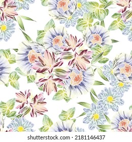 Abstract seamless pattern with plants, herbs and flowers, botanical illustration.