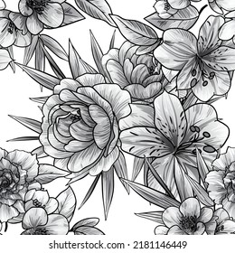 Abstract seamless pattern with plants, herbs and flowers, botanical illustration.
