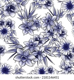 Abstract seamless pattern with plants, herbs and flowers, botanical illustration.
