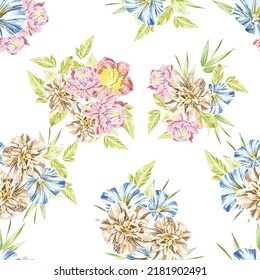 Abstract seamless pattern with plants, herbs and flowers, botanical illustration.