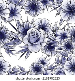 Resumen de patrón sin fisuras con plantas, hierbas y flores, ilustración botánica.