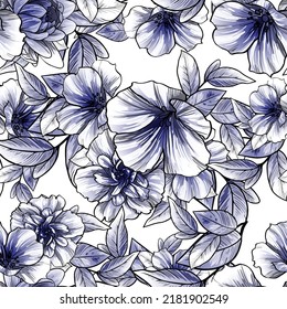 Abstract seamless pattern with plants, herbs and flowers, botanical illustration.