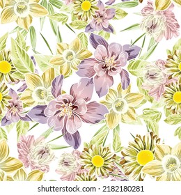 Abstract seamless pattern with plants, herbs and flowers, botanical illustration.