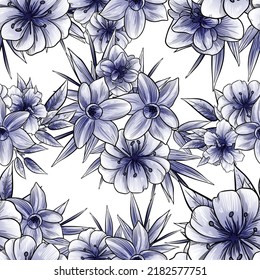 Abstract seamless pattern with plants, herbs and flowers, botanical illustration.
