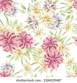 Abstract seamless pattern with plants, herbs and flowers, botanical illustration.
