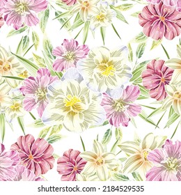 Abstract seamless pattern with plants, herbs and flowers, botanical illustration.